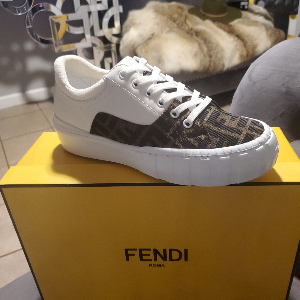 Fendi Force Brown FF Canvas White Platform FF Logo Low Top Trainer Sneaker - Picture 2 of 8